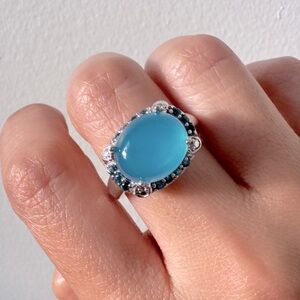 Blue Chalcedony Sterling Silver Ring with Blue Topaz Halo, Size 7